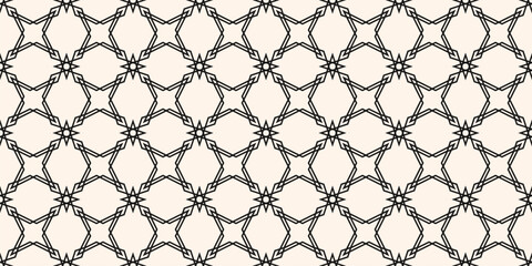 Vector geometric seamless pattern with oriental stars, diamonds, grid, lattice, net. Elegant linear texture in outline style. Black and white luxury background. Repeated design for textile, wallpaper