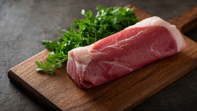 Fresh pork neck displayed on a wooden cutting surface, potential for processed meat risk