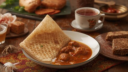 Traditional Malay netted pancake usually paired with chicken curry for a snack.
