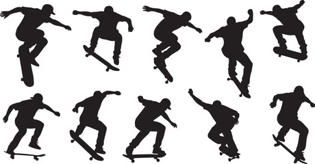 Dynamic skateboarders perform daring aerial tricks and street stunts in a collection of energetic black silhouettes.