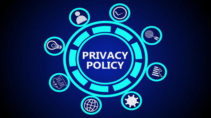 Privacy policy concept with icons surrounding the text in a blue and cyan digital illustration