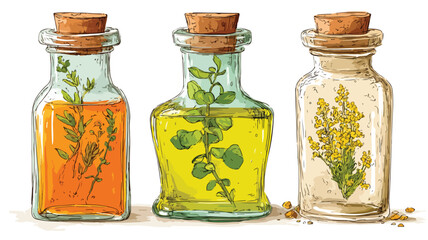 Organic Herbal Oil Poured in Glass Corked Jars Vector Illustration