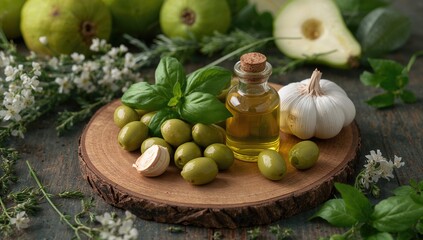 Basil, garlic, oil, and green olives combination