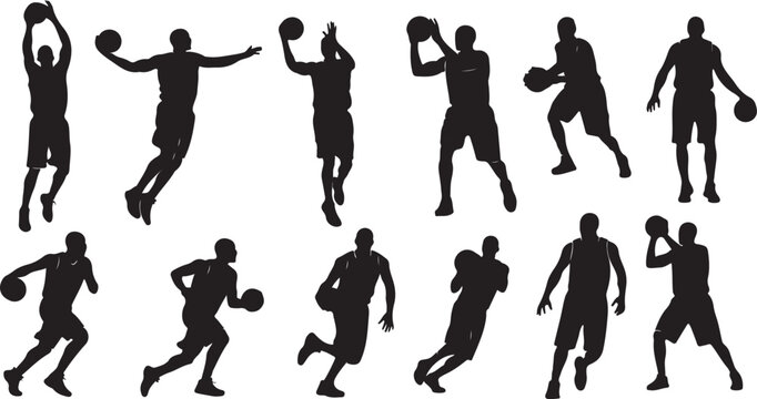 Dynamic basketball players captured mid-action, showcasing agility, skill, and athletic prowess in striking silhouettes for sports design.