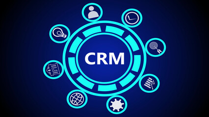 A digital display showing the acronym crm surrounded by icons on a dark blue gradient background