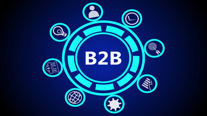 A blue and cyan graphic with b2b in the center surrounded by various business related icons in circles