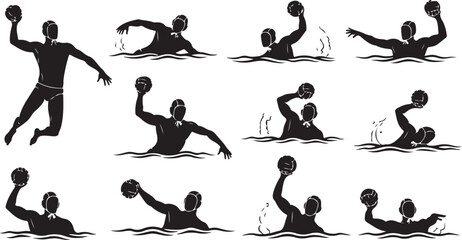 Dynamic water polo players in action, capturing athletic prowess and intense competition with dynamic poses and water splashes.