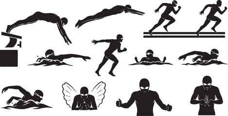 Dynamic swimmers and runners capture athletic motion, celebrating sports achievement and competitive spirit in silhouette style
