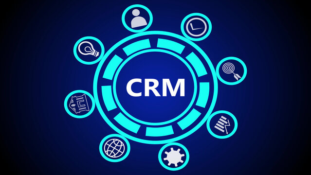 A digital display showing the acronym crm surrounded by icons on a dark blue gradient background