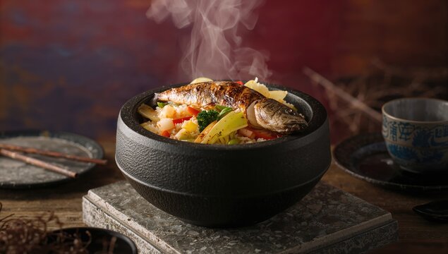 Rice cooked in a stone pot with fish and assorted vegetables