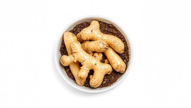 Aromatic ginger rhizomes known as kencur or sand ginger, covered in soil, displayed on a small white plate from a top-down perspective against a white backdrop