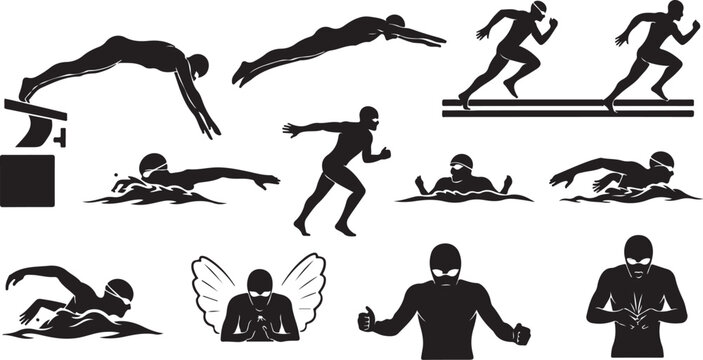 Dynamic swimmers and runners capture athletic motion, celebrating sports achievement and competitive spirit in silhouette style
