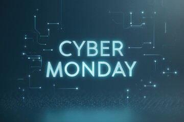Fototapeta premium Electric cyan glow text CYBER MONDAY on deep navy background with neon blue circuit lines