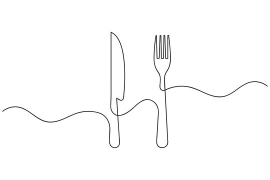 Naklejki Minimalist continuous one line drawing of knife and fork on a white background, perfect for restaurant, cafe, and dining logo design