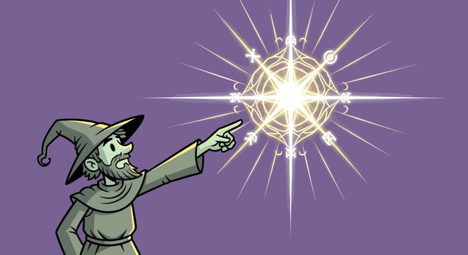 A Cartoon Wizard Points to a Mystical Celestial Body Emitting Magical Energy and Light
