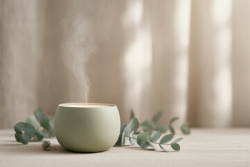 Elegant ceramic oil diffuser with steam and greenery on table