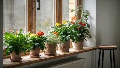 Obraz premium Freshly potted houseplants arranged on a wooden windowsill, ideal backdrop for text layout