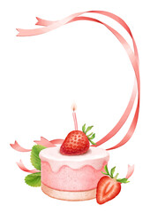 Coquette pretty charming frame with pink ribbon and strawberry birthday cakes. Holiday trendy template. Vintage background for girls birthday greeting cards, invitations, social media