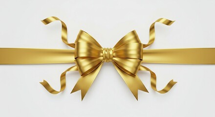 Shimmering golden gift bow and festive ribbons against a bright white backdrop, ideal for conveying luxury, celebration, and the spirit of giving in various designs