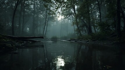 Mysterious dark moody forest river at dawn cinematic landscape foggy atmosphere