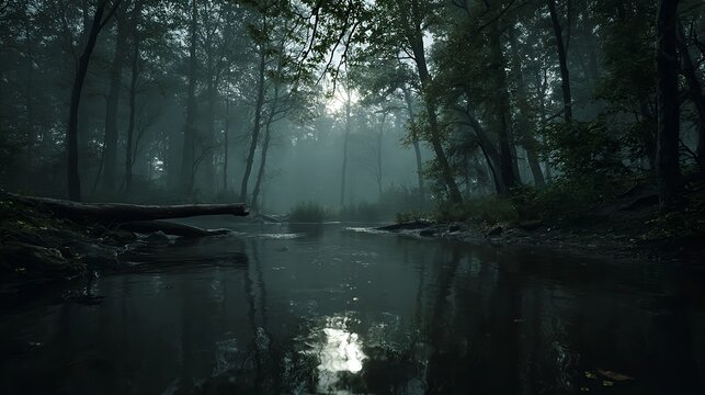 Mysterious dark moody forest river at dawn cinematic landscape foggy atmosphere