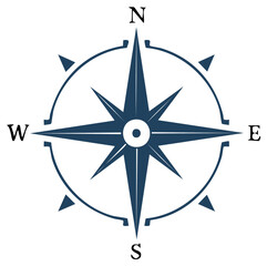 Simple dark blue wind rose compass showing cardinal directions north south east west