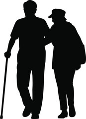 Black and white silhouette of elderly couple walking together with cane, senior love, care, and companionship illustration