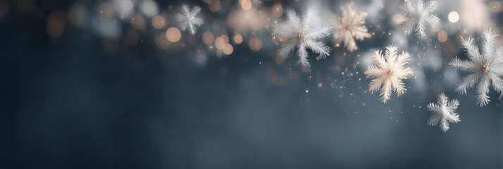 Sparkling silver snowflakes floating against deep midnight blue background, festive winter bokeh