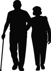Black and white silhouette of elderly couple walking together with cane, senior love, care, and companionship illustration