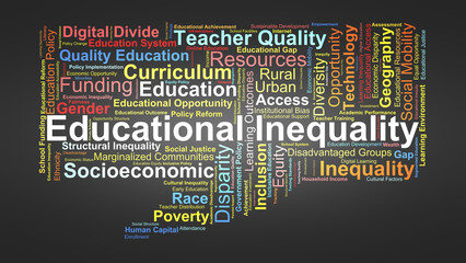 Educational Inequality Word Cloud. Key Concepts On Unequal Access, Resources, And Opportunities In Education Across Social, Economic, And Geographic Contexts. © Danawan Purbanggoro