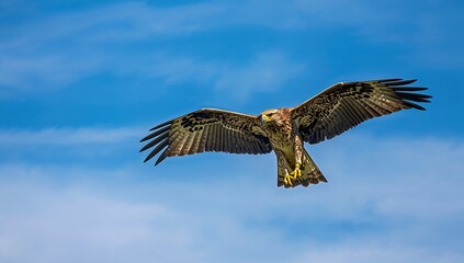 Fototapeta premium Wedge-tailed eagle observing its surroundings against a clear blue sky, focus