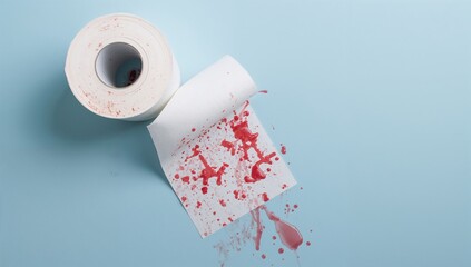 A picture showing stained toilet paper and a roll on a pale blue surface with blood marks and spots. Health issues like bleeding, constipation, and menstrual or hemorrhoid concerns.