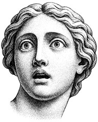 Vintage engraving of a classical woman with wide eyes — surprise and awe frozen in marble, emotional antique art, isolated on transparent background.