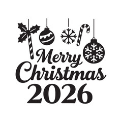  Festive Merry Christmas 2026 badge with candy canes, ornaments, holly, and snowflake design. 