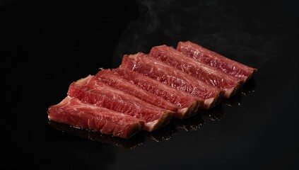 Sliced premium beef displayed on dark surface, culinary, isolated, dining, kitchen, raw meat, red, grill, barbecue