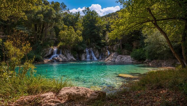 Stunning waterfalls surrounded by lush greenery and pristine waters in a tropical forest setting