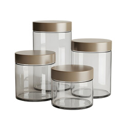 Modern set of four empty glass cosmetic jars with matte taupe lids isolated on transparent background