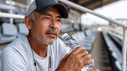 Elderly sportsman hydrating after outdoor workout stadium setting exercise focus active lifestyle introspective view
