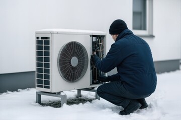 Heat Pump Servicing in Snowy Conditions with Technician Outdoor Demonstrating Winter Maintenance in Cold Weather Settings