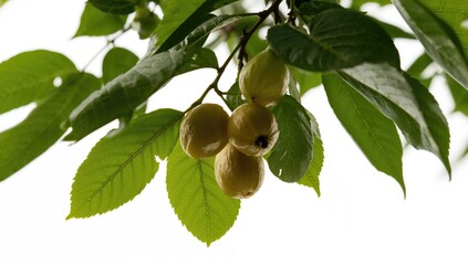 Azadirachta indica leaves and fruits arranged on a white background, highlighting natural properties and benefits