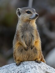 Alert rodent stands atop a gray rock, gazing right in natural daylight