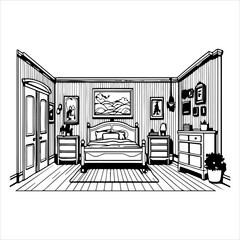 Minimalist Flat Design Bed Room Illustration Vector Art, A Vibrant Graphic Representing Interior Design, Cozy Home Décor, and Wellness Sleep for Digital Use.