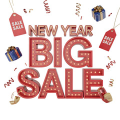 New Year Big Sale 3D sign featuring red marquee typography, bright light bulbs, gift boxes, and confetti isolated on transparent background.