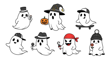 Fototapeta premium Collection of charming cartoon ghosts dressed in various costumes celebrating halloween