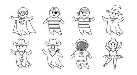 Charming cartoon characters in diverse costumes for coloring or creative projects