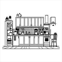 Fototapeta premium A Modern Minimalist Kitchen Room Illustration Vector Graphic, Showcasing Scandinavian Interior Design and Functional Home Décor in a Flat Design Digital Style for Culinary Creativity.