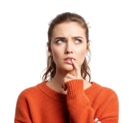 Woman with finger on lips thinking transparent background cutout png