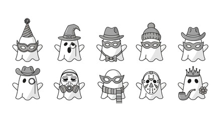 Whimsical specters: A playful parade of ghostly figures in diverse costumes and disguises