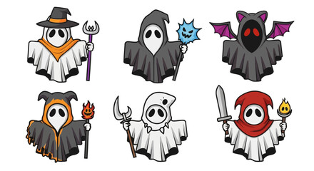 Collection of whimsical halloween ghost characters with varied costumes and accessories  perfect