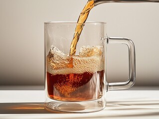 Beverage is poured into a clear, double-walled glass mug filled with ice